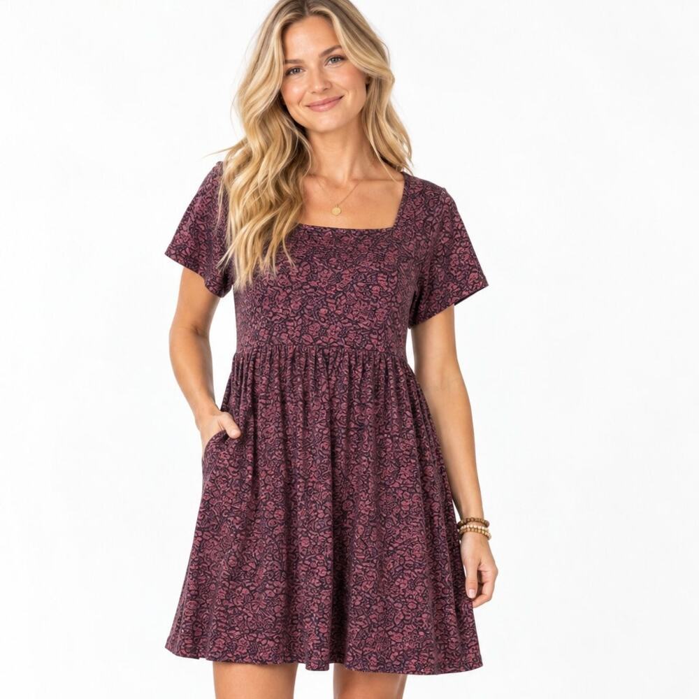 Toad & Co Sora Dress Womens XL Floral Pink Purple Samba Knit Babydoll Tiered